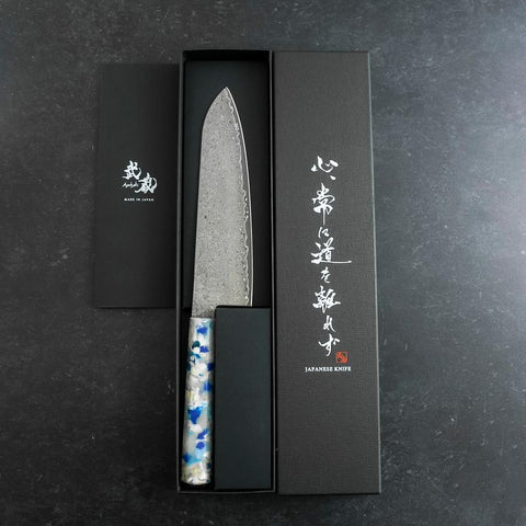 Santoku VG-10 Damascus Ocean Blue-White Mix Handle 165mm (6.5”)-[Musashi]-[Japanese-Kitchen-Knives]