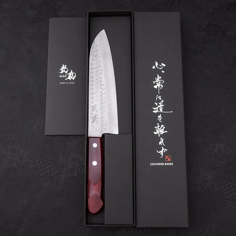 Santoku VG-10 Tsuchime Damascus Western Red Handle 180mm (7”)-[Musashi]-[Japanese-Kitchen-Knives]