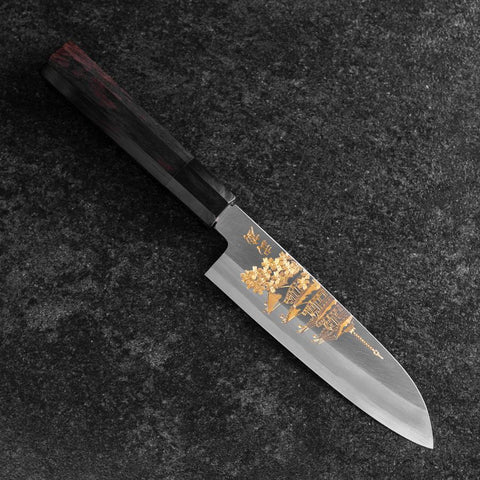 Santoku White Steel #2 Kasumi Single Bevel Chokin Five-Story Pagoda Sakura Buffalo Ebony Handle 155mm (6.1”)-[Musashi]-[Japanese-Kitchen-Knives]