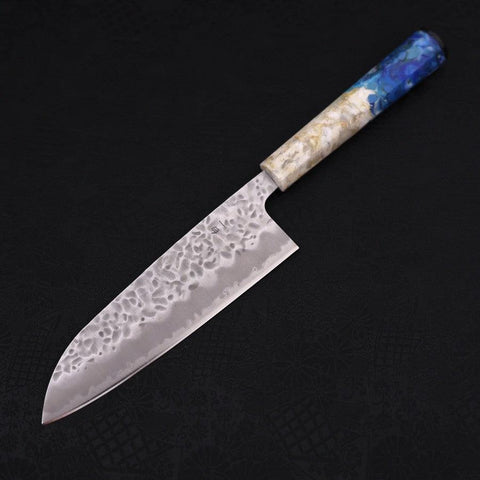 Santoku White Steel #1 Stainless Clad Tsuchime Ocean White Blue Handle 165mm-[Musashi]-[Japanese-Kitchen-Knives]