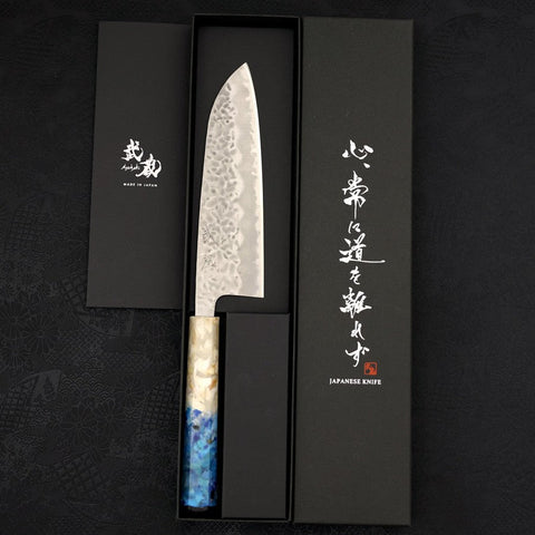 Santoku White Steel #1 Stainless Clad Tsuchime Ocean White Blue Handle 165mm-[Musashi]-[Japanese-Kitchen-Knives]