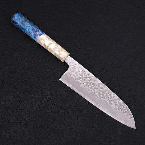 Santoku White Steel #1 Stainless Clad Tsuchime Ocean White Blue Handle 165mm-[Musashi]-[Japanese-Kitchen-Knives]