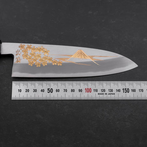 Santoku White Steel #2 Kasumi Chokin Sakura Fuji Mango de Ébano con Cuerno de Búfalo 180 mm