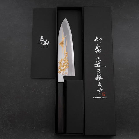 Santoku White Steel #2 Kasumi Chokin Sakura Fuji Mango de Ébano con Cuerno de Búfalo 180 mm