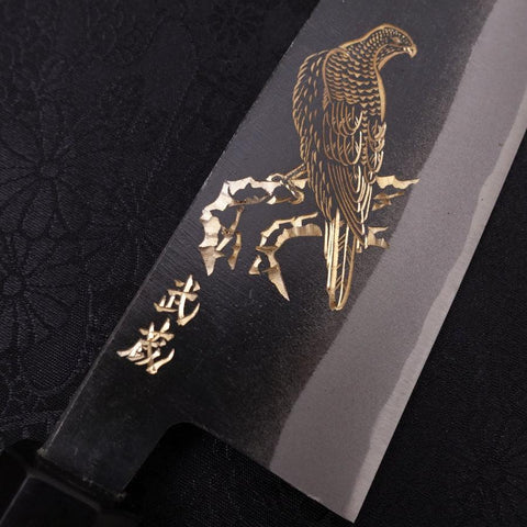Santoku White Steel #2 Kurouchi Chokin Eagle Buffalo Ebony Handle 170mm-[Musashi]-[Japanese-Kitchen-Knives]
