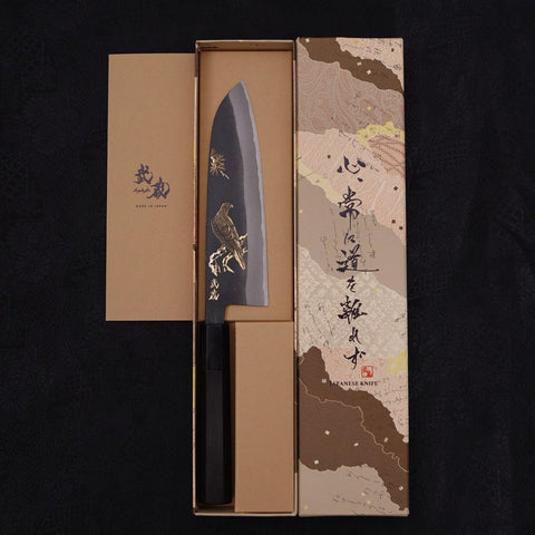 Santoku White Steel #2 Kurouchi Chokin Eagle Buffalo Ebony Handle 170mm-[Musashi]-[Japanese-Kitchen-Knives]