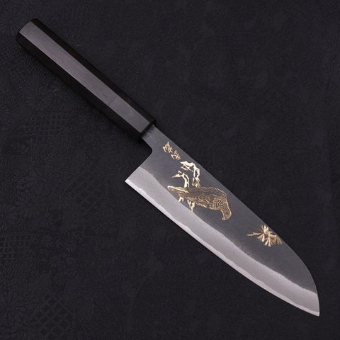 Santoku White Steel #2 Kurouchi Chokin Eagle Buffalo Ebony Handle 170mm-[Musashi]-[Japanese-Kitchen-Knives]