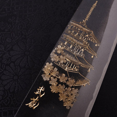 Santoku White Steel #2 Kurouchi Chokin Pagoda Buffalo Ebony Handle 170mm-[Musashi]-[Japanese-Kitchen-Knives]