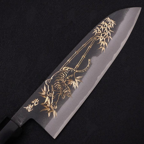 Santoku White Steel #2 Kurouchi Chokin Tiger-Bamboo Buffalo Ebony Handle 170mm-[Musashi]-[Japanese-Kitchen-Knives]