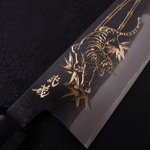 Santoku White Steel #2 Kurouchi Chokin Tiger-Bamboo Buffalo Ebony Handle 170mm-[Musashi]-[Japanese-Kitchen-Knives]