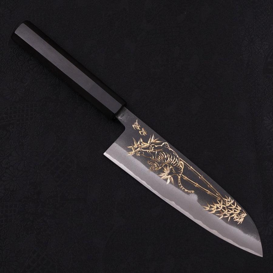 Santoku White Steel #2 Kurouchi Chokin Tiger-Bamboo Buffalo Ebony Handle 170mm-[Musashi]-[Japanese-Kitchen-Knives]