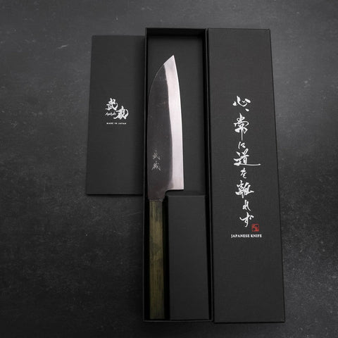 Santoku White Steel #2 Kurouchi Green Urushi Handle 165mm-[Musashi]-[Japanese-Kitchen-Knives]