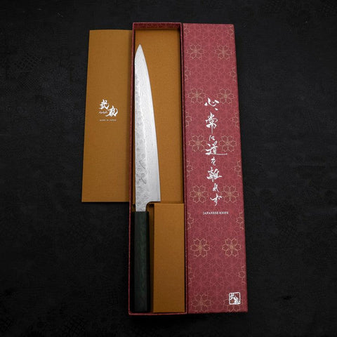 Sujihiki AUS-10 Nashiji Damasco Mango Urushi Verde 240mm