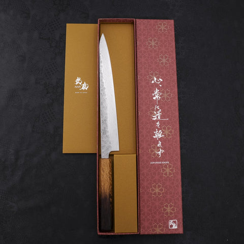 Sujihiki AUS-10 Nashiji Damascus Yaki Urushi Handle 240mm (9.4”)-[Musashi]-[Japanese-Kitchen-Knives]
