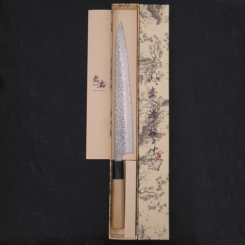 Sujihiki AUS-10 Tsuchime Damascus Buffalo Magnolia Handle 270mm-[Musashi]-[Japanese-Kitchen-Knives]