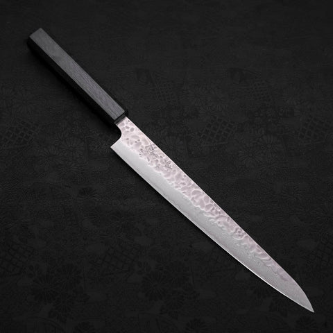 Sujihiki AUS-10 Tsuchime Damascus Dark Blue Urushi Handle 240mm (9.4”)-[Musashi]-[Japanese-Kitchen-Knives]