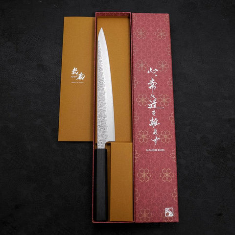 Sujihiki AUS-10 Tsuchime Damascus Dark Blue Urushi Handle 240mm (9.4”)