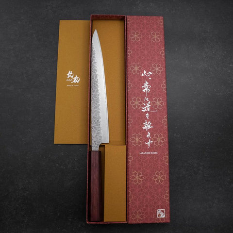 Sujihiki AUS-10 Tsuchime Damasco Mango Urushi Morado 240 mm