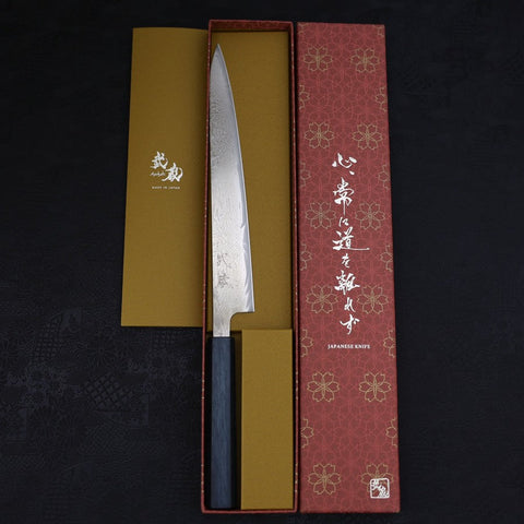 Sujihiki AUS-10 Damasco Ondulado Mango Urushi Azul Oscuro 240 mm