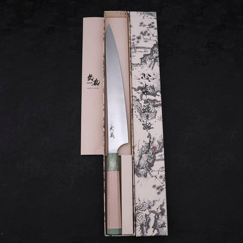 Sujihiki Blue Super Polished Maple Green Handle 270mm-[Musashi]-[Japanese-Kitchen-Knives]