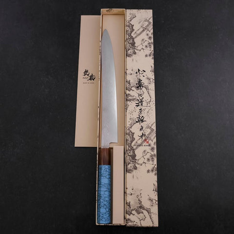 Sujihiki Silver Steel #3 Nickel Damascus Buffalo Turquoise Handle 270mm-[Musashi]-[Japanese-Kitchen-Knives]
