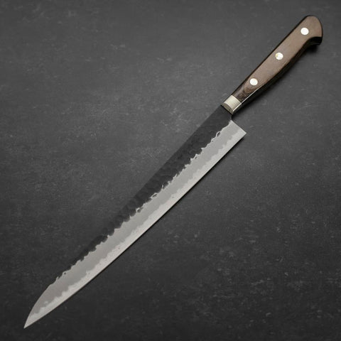 Sujihiki Stainless Clad Blue Super Kurouchi Tsuchime Western Brown Handle 240mm-[Musashi]-[Japanese-Kitchen-Knives]