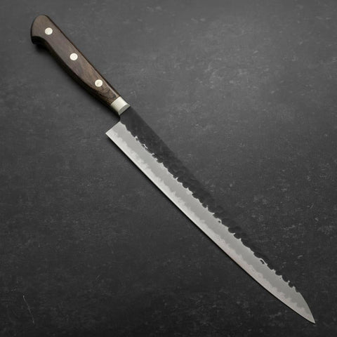 Sujihiki Stainless Clad Blue Super Kurouchi Tsuchime Western Brown Handle 240mm-[Musashi]-[Japanese-Kitchen-Knives]