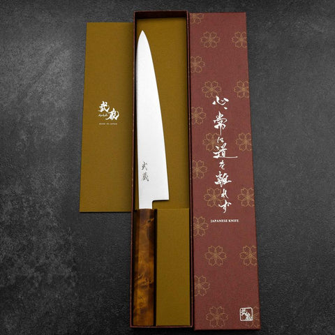 Sujihiki VG-10 Damascus Yellow-Brown Birch Handle 240mm (9.4”)-[Musashi]-[Japanese-Kitchen-Knives]