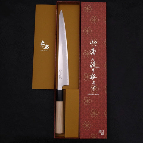 Sujihiki White Steel #1 Stainless Clad Buffalo Magnolia Handle 240mm-[Musashi]-[Japanese-Kitchen-Knives]