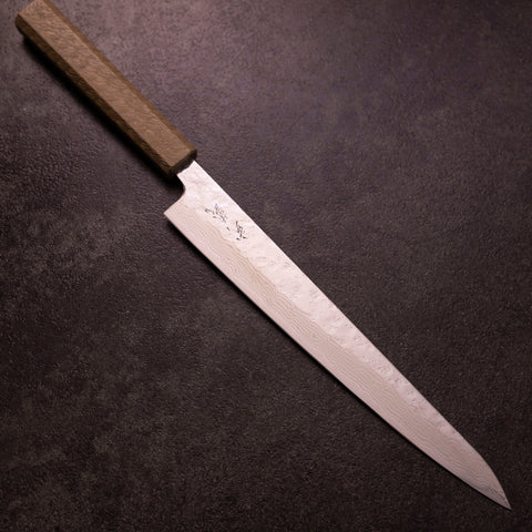 Sujihiki 440C Nashiji Damascus Mirror White Urushi Handle 240mm-[Musashi]-[Japanese-Kitchen-Knives]