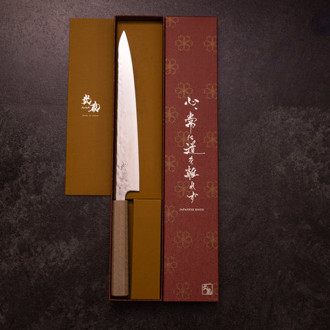 Sujihiki 440C Damasco Nashiji Acabado Espejo Mango Urushi Blanco