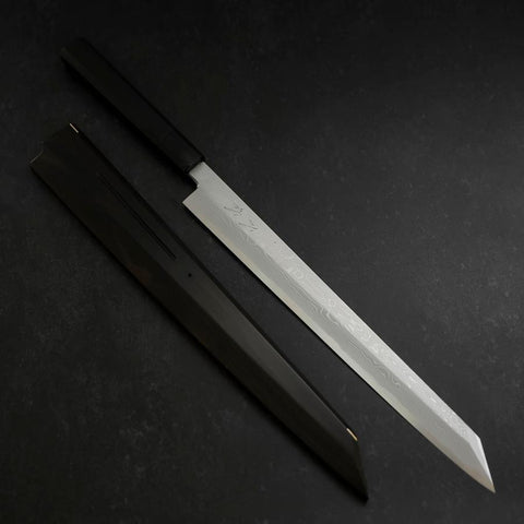 Yanagi Kiritsuke Blue Steel #1 Suminagashi Buffalo Ebony Handle With Sheath 330mm-[Musashi]-[Japanese-Kitchen-Knives]
