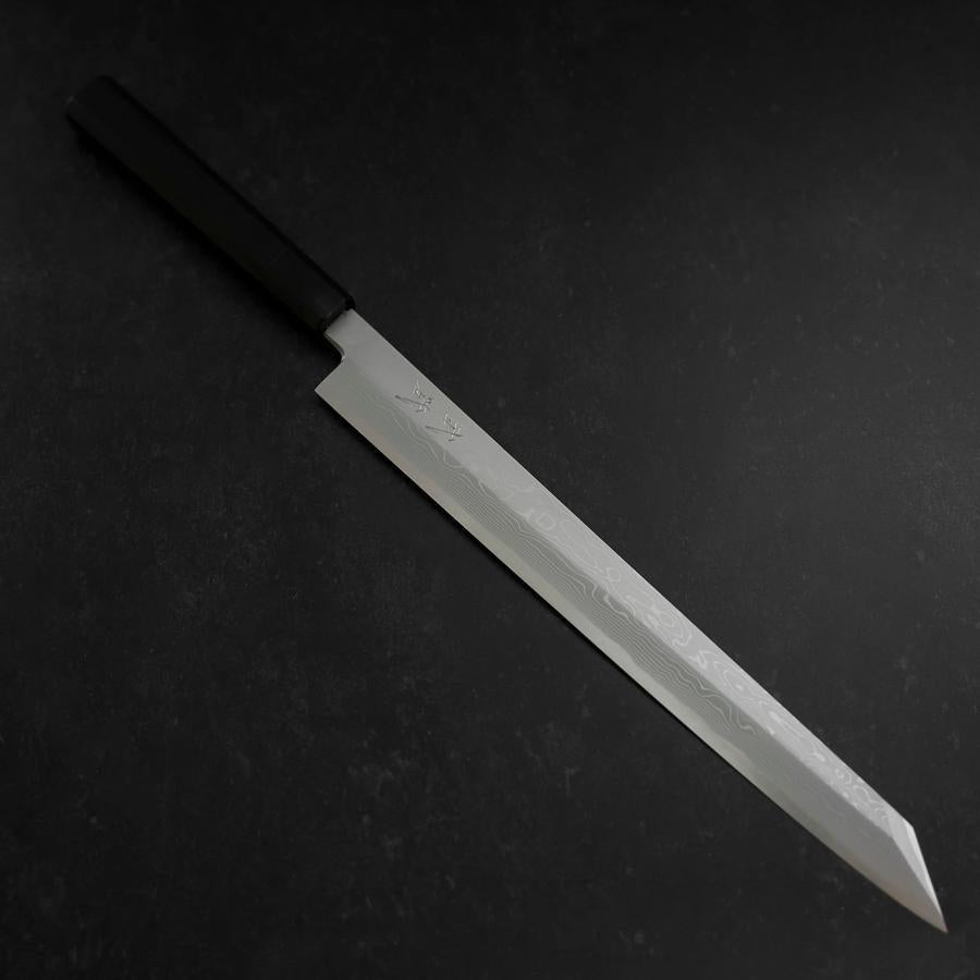 Yanagi Kiritsuke Blue Steel #1 Suminagashi Buffalo Ebony Handle With Sheath 330mm-[Musashi]-[Japanese-Kitchen-Knives]