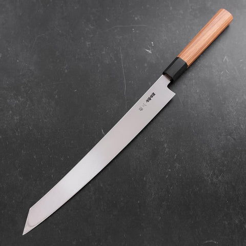 Yanagi Kiritsuke Silver Steel #3 Damasco Espejo Mango de Teca con Cuerno de Búfalo 300 mm