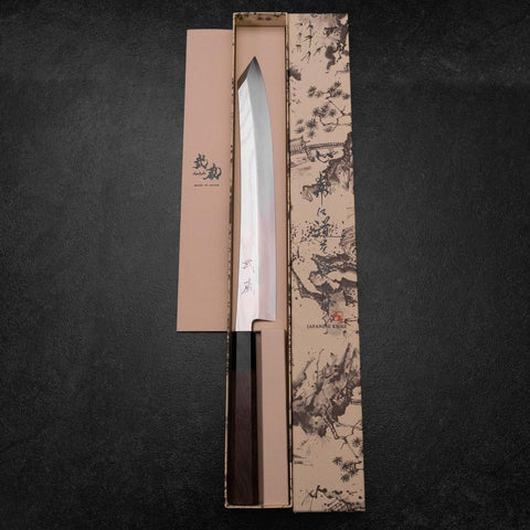 Yanagi Kiritsuke Silver Steel #3 Suminagashi Buffalo Walnut Handle 270mm (10.6”)-[Musashi]-[Japanese-Kitchen-Knives]