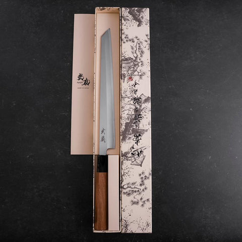 Yanagi Kiritsuke White Steel #2 Kasumi Mango de Teca con Cuerno de Búfalo 270mm