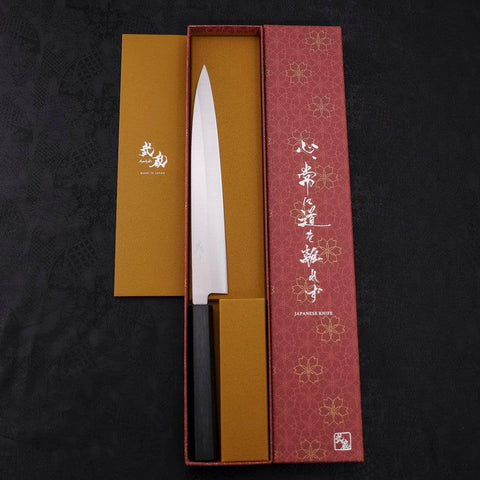 Yanagiba AUS-8 Polished Dark Blue Urushi Handle 240mm-[Musashi]-[Japanese-Kitchen-Knives]