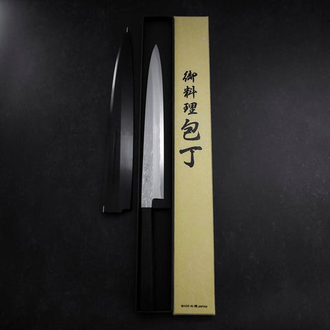 Yanagiba Blue Steel #1 Suminagashi Buffalo Ebony Handle With Sheath 270mm-[Musashi]-[Japanese-Kitchen-Knives]