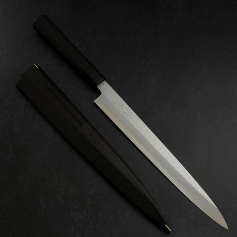 Yanagiba Blue Steel #1 Suminagashi Buffalo Ebony Handle With Sheath 270mm-[Musashi]-[Japanese-Kitchen-Knives]