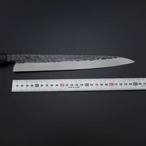 Yanagiba Blue Steel #2 Kurouchi Tsuchime Mango de Ébano con Cuerno de Búfalo 260mm