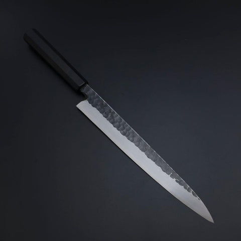Yanagiba Blue Steel #2 Kurouchi Tsuchime Mango de Ébano con Cuerno de Búfalo 260mm
