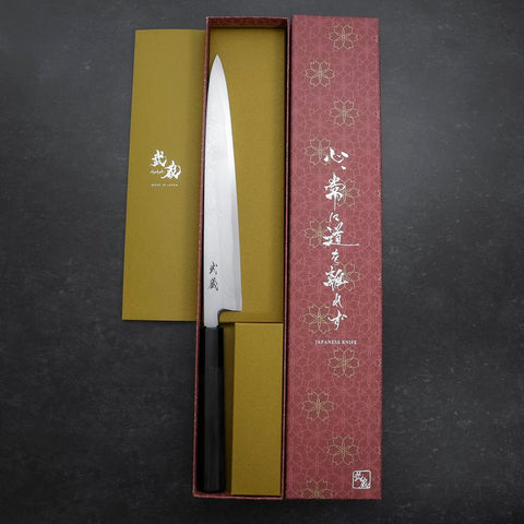 Yanagiba Blue Steel #2 Suminagashi Buffalo Ebony Handle 240mm (9.4”)