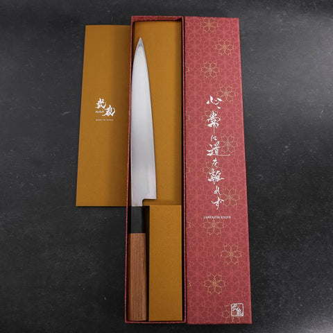 Yanagiba Left Hand AUS-10 Polished Buffalo Teak Handle 240mm (9.4”)-[Musashi]-[Japanese-Kitchen-Knives]