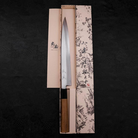 Yanagiba Silver Steel #3 Kasumi Mango de Teca con Cuerno de Búfalo 270 mm