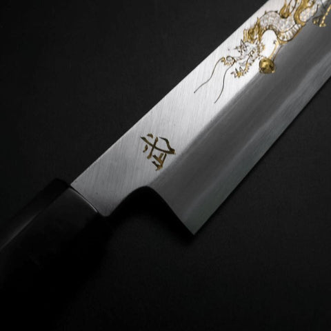 Yanagiba White Steel #2 Kasumi Chokin Dragon Buffalo Ebony Handle 240mm-[Musashi]-[Japanese-Kitchen-Knives]