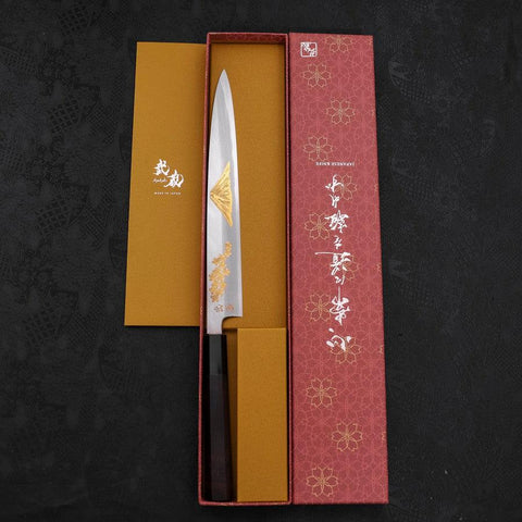 Yanagiba White Steel #2 Kasumi Chokin Sakura-Fuji Buffalo Ebony Handle 240mm (9.4”)